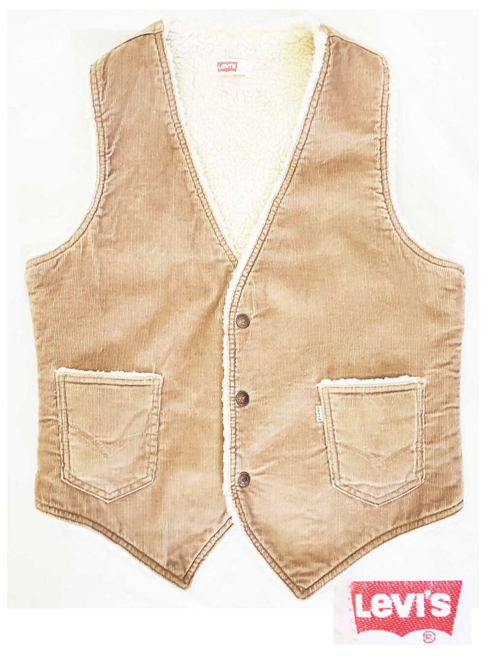 Levis Vintage 1970s Mens White Tab Corduroy Sherpa Vest Tan USA Trucker M